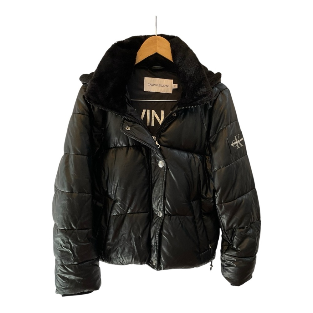 Calvin Klein Black Leather Puffer Quilted Jacket Streetwear Y2K Indie Sz S